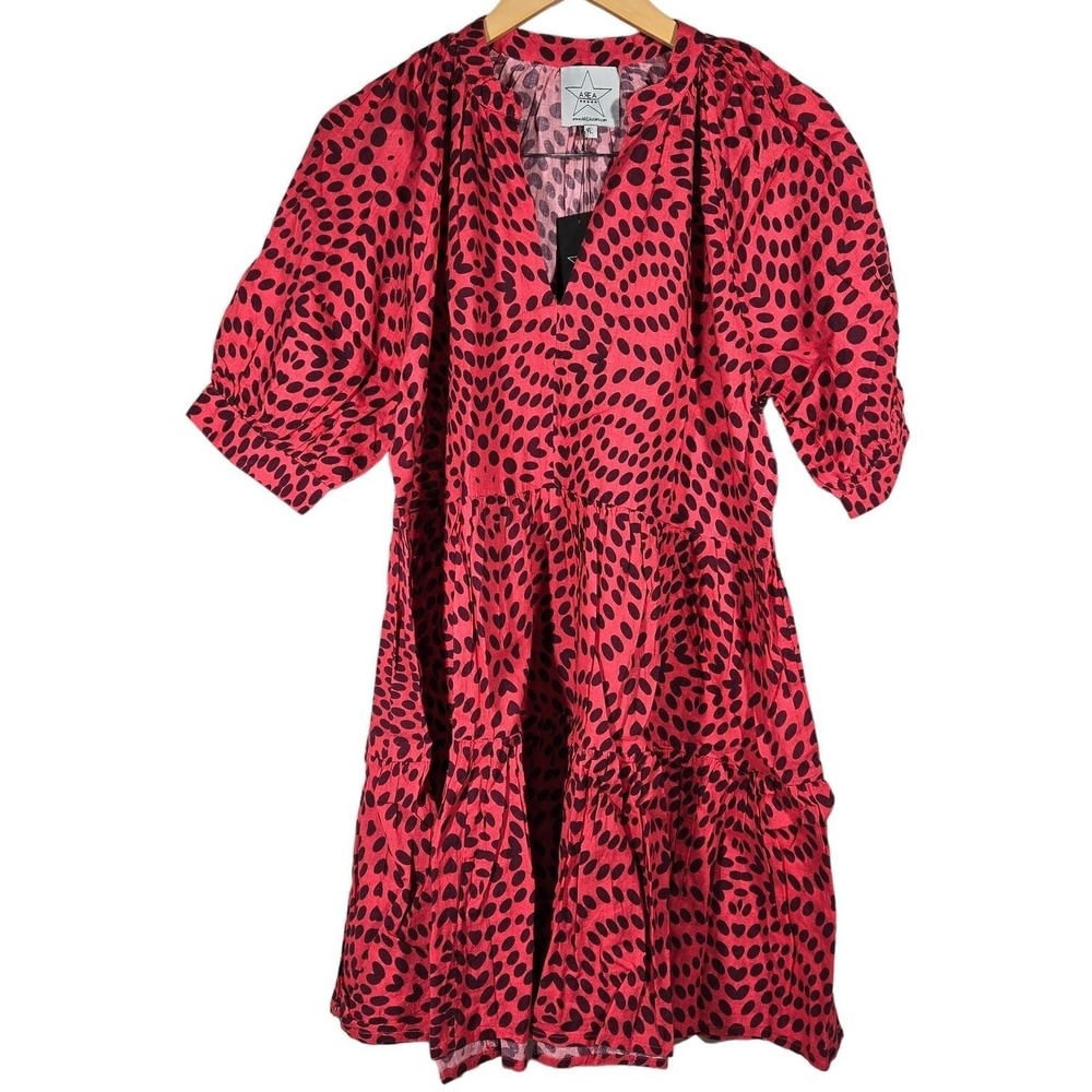 AREA STARS Red Black Polka Dot Tiered Midi Dress Womens Size L Cotton V Neck